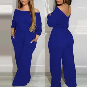 Women's Off Shoulder V-Back Stretchy Waist Pocket Design Jumpsuit Long Sleeve Comfortable Overalls Backless Collar Elegant Versatile
