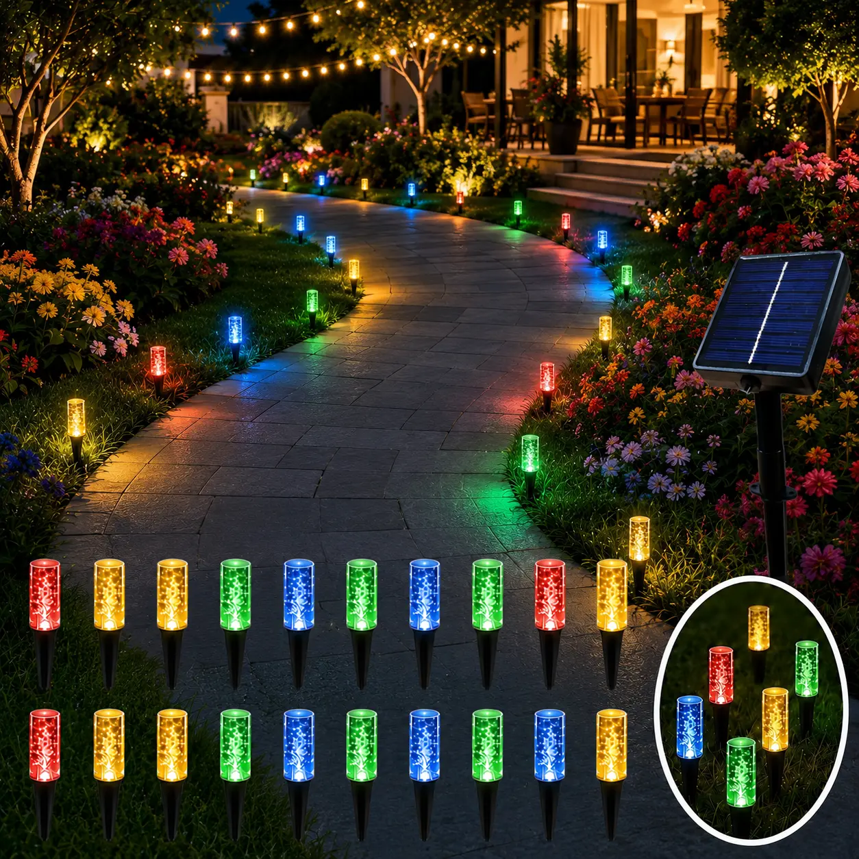 20-Pack LED Solar Pathway Lights, Crystal Ice Pillar Outdoor Garden Accessories with IP54 Waterproof Plastic Body, In-Ground Installation for Small Gardens, Paths