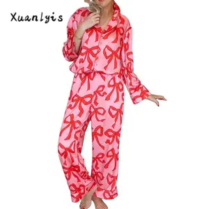 Women's 2 Piece Pajama Set Long Sleeve Lapel Button Up Shirt Tops Bow Print Pants Sleepwear Sets Loungewear Womenswear