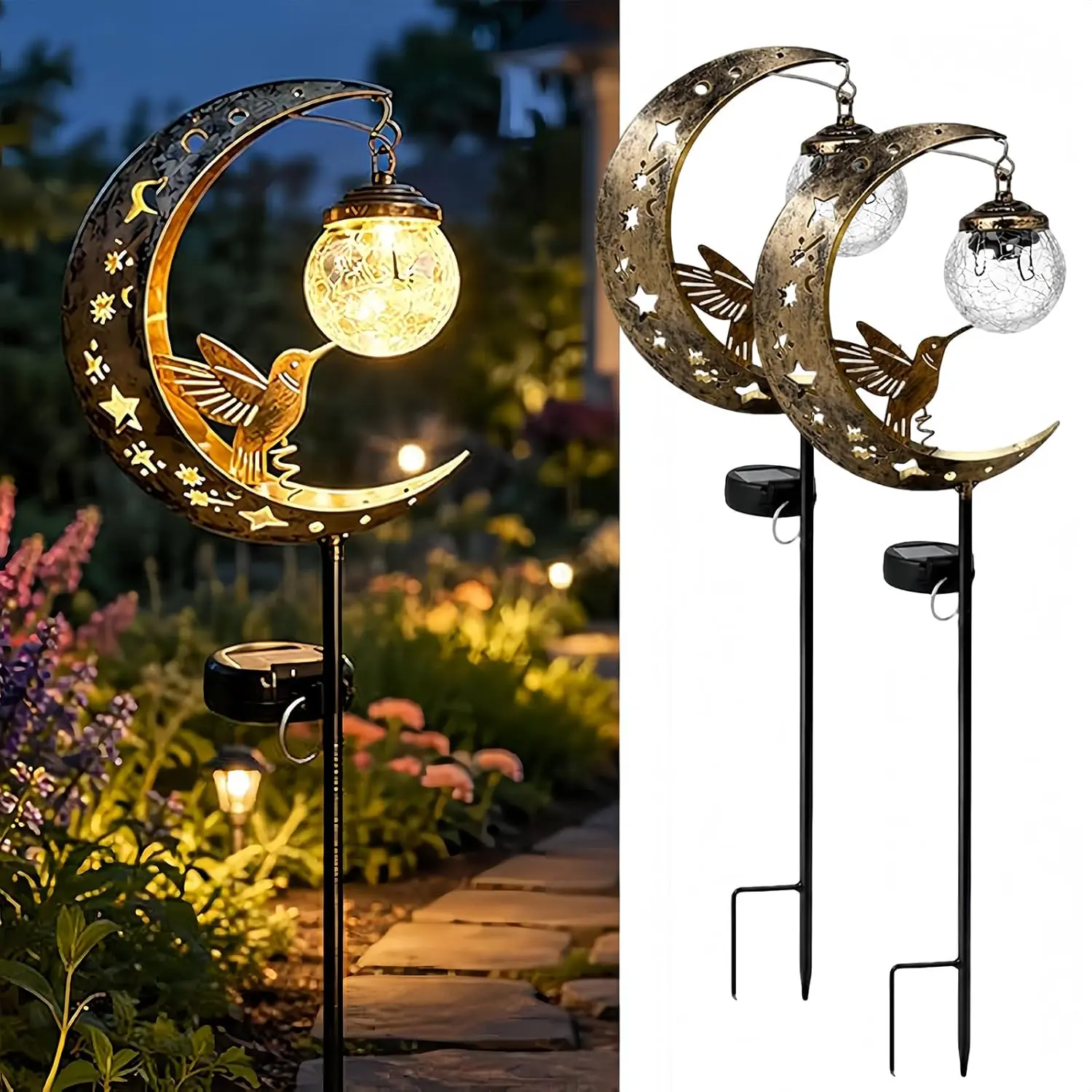 1/2/3/4 Pcs Solar Hummingbird Moon Garden Stake Lights, Crackle Glass Half Moon Bird Ornaments, Waterproof Metal Stake Warm White LED Decor for Patio, Lawn, Festive Backyard Gift (Home & Party Centrepieces)