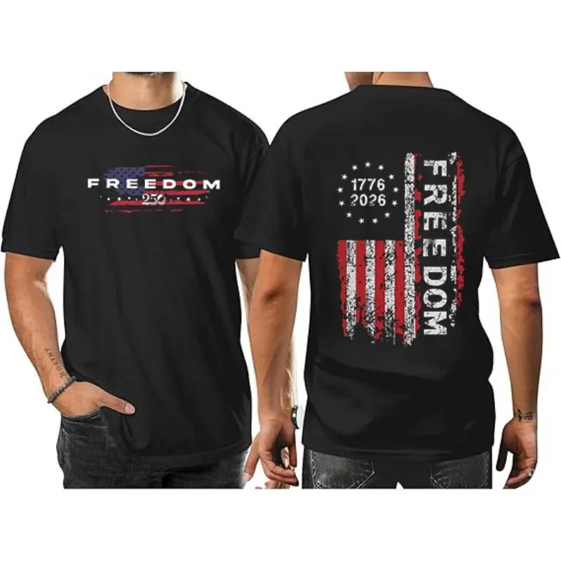 Men's Short-Sleeve Freedom 1776-2026 T-Shirt, Patriotic USA Flag Vintage Distressed Graphic, 250 Years American Freedom, Front & Back Print, Soft Smooth Seamless Casual US Cotton Fabric, Unisex US Fit