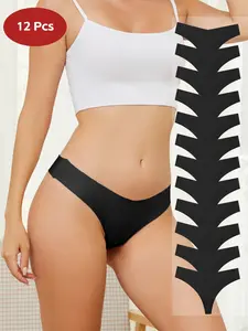 Women's Satin Low Waist Thong Panties, Seamless Soft Ice Silk Underwear, 12 Pairs, All-Season Comfort, Pure Color Design Black Friday