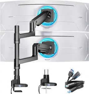 【SummerVibes】ARES WING Single/Dual Monitor Arm for Ultrawide Heavy Duty Curved Monitor Stacking, Fits 17-49 Inch, Vertical Gas Spring Double Monitor Mount with USB, Ergonomic Office Adjustable Dual Monitor Mount