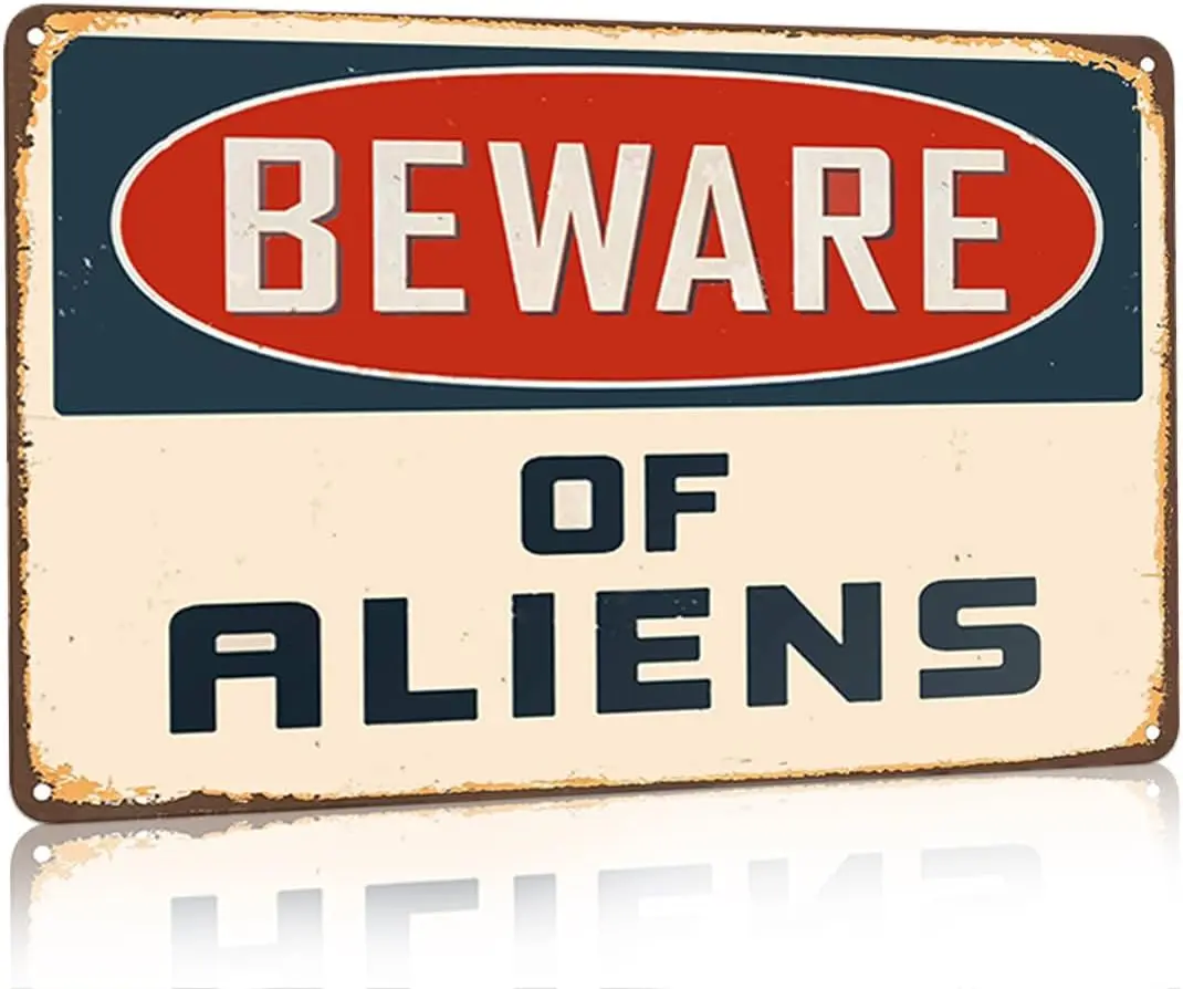 Alien Gifts Vintage Alien Decor Beware of Aliens Funny Metal Sign for Home Bedroom Garage Man Cave Shed Indoor&Outdoor Decor 12 x 8 Inch