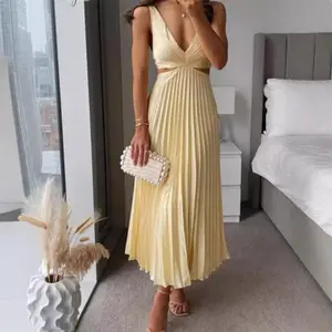 Summer New Elegant Elegant V-neck Sleeveless Hollow Backless Pleated Dress Formal Womenswear Yellow Vneck