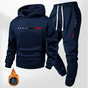 Men's Paris Letter Print Hooded Sweatshirt and Drawstring Sweatpants Set, Men's Casual Sports Long Sleeved Hooded Sweatshirt and Autumn Winter Pants, Men's Daily Clothing, Fleece Lined Sportswear Set, Christmas Gift， tracksuits for men