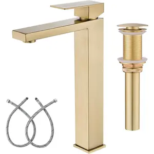 Brushed  Vessel Sink Faucet, 1 Hole Single Handle Tall Bathroom  Faucets, Modern Utility Rv Laundry Bath Restroom Mixer Tap with Metal Pop Up Drain and 2 Water  Lines