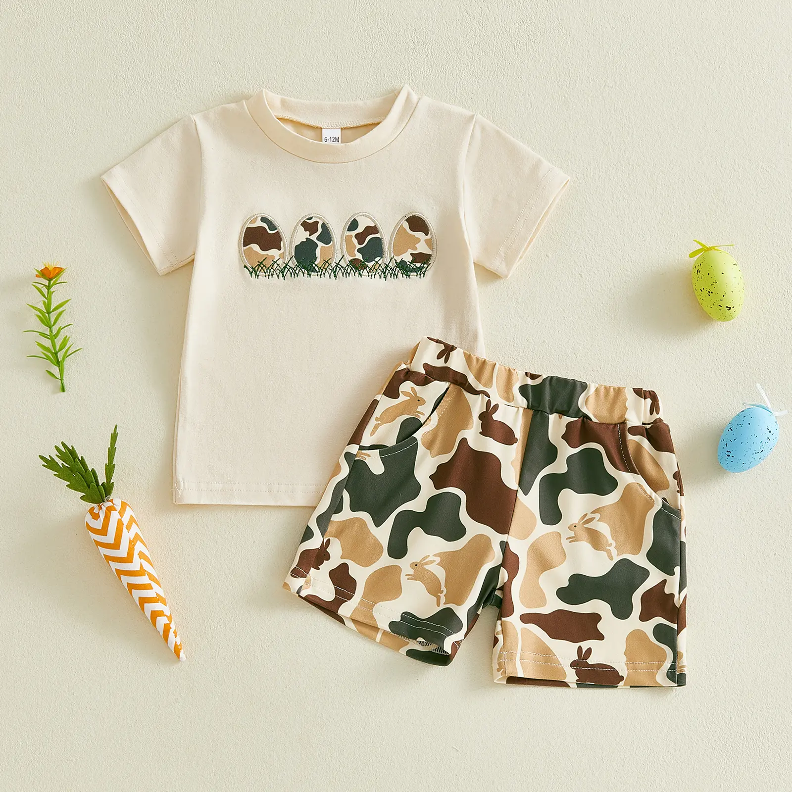 Toddler Baby Boys Easter Outfits Easter Egg Pattern Short Sleeve Tops with Camouflage Bunny Shorts Set 6M-4Y
