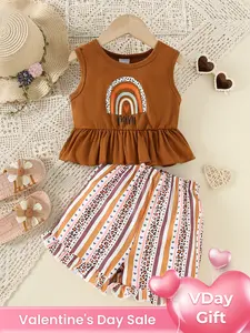 Summer Girls Rainbow Print Ruffled Floral Neck Sleeveless Vest Set, Coordinating Striped Print Ruffled Shorts, Cute Two-Piece Girly Striped Sets, Summer Clothing Set, Summer Clothes Set