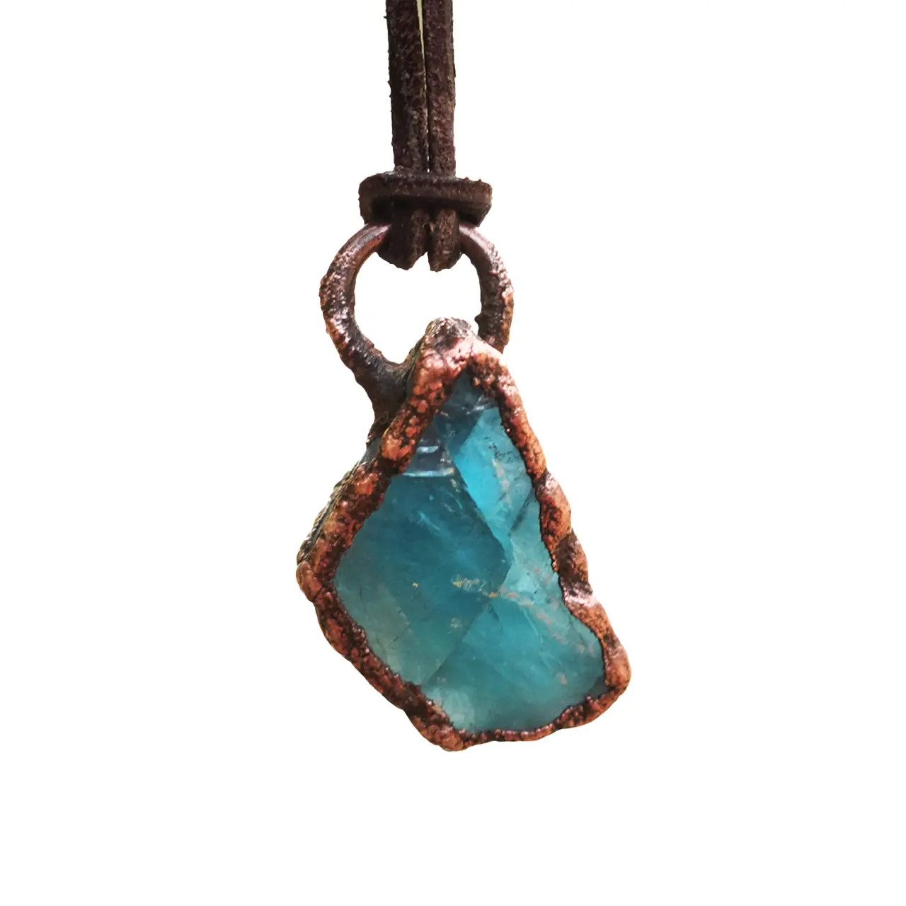 Elegant Handcrafted Blue Fluorite Crystal Gemstone Pendant Necklace, Natural Semiprecious Stone Jewelry with Copper Accents and Leather Chain, Artisan Craftsmanship Lovers, Daily, Durable Leather Chain, Electroforming