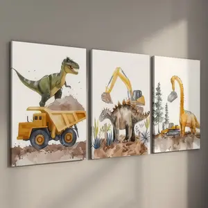 3 Counts Wood Framed Canvas Construction Dinosaurs Watercolor Wall Art, Animal Posters, Ready To Hang, Waterproof Canvas Wall Art, Artwork Wall Painting For Gift, Wall Picture for Bedroom, Living Room, Dining Room, Home And Dormitory Decoration