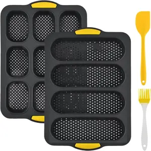 2 pcs Silicone Baguette Bread Pan Set 4 Hole Non-Stick Long French Loaf Pan 9 Hole Hamburger Bun Mold with Scraper Oil Brush for Homemade Baguettes Buns Sandwich Rolls Toast Grey