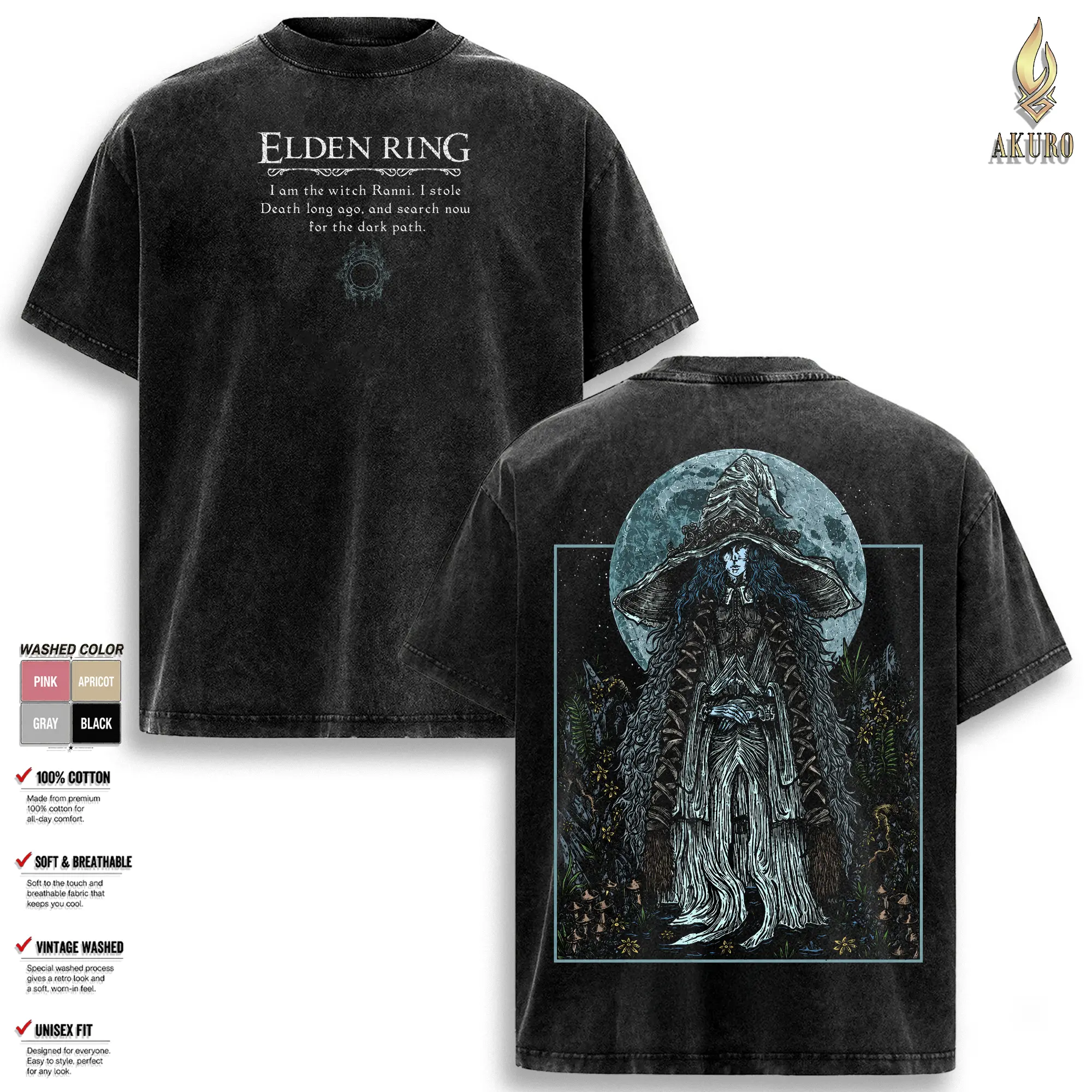 Elden Ring Ranni Graphic T Shirt, Moon Witch Gaming Tee, FromSoftware Vintage Washed Oversized Cotton Shirt, Soulsborne Game Merch