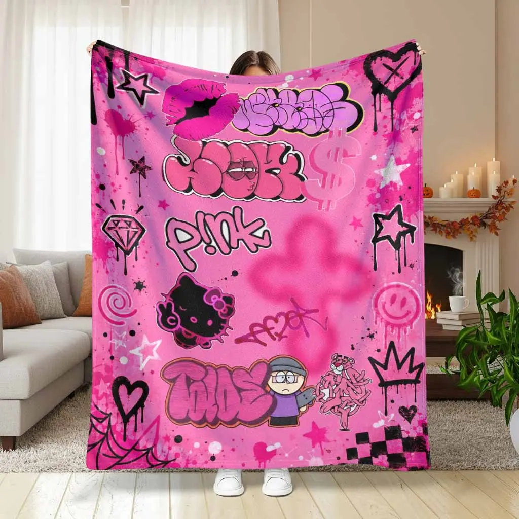 Street Art Graffiti Flannel Blanket Black and White Urban Hip Hop Print Design Ultra Soft Lightweight Warm Cozy Texture Bed Couch Living Room Office Home Decor Birthday Gift