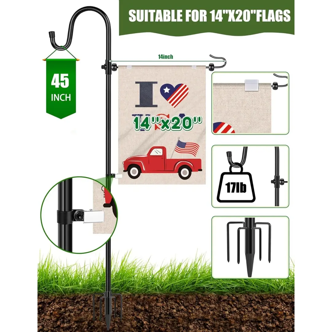 XDW-GIFTS Garden Flag Holder Stand with Shepherd Hook, Upgraded 14''x20'' Flagpole, 2 Spring Stoppers, 1 Clip, Weather-Proof Garden Decor, Father’s Day Gift, Outdoor Home Improvement Accessory (No Solar Lights)