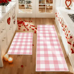 Valentine's Day Kitchen Mat Set 2 Pieces, Pink Plaid Classic Design, Romantic Velvet Mats, Soft Comfortable, Kitchen Floor Mat, Anniversary Wedding Party Home Decor Valentine's Day Gift