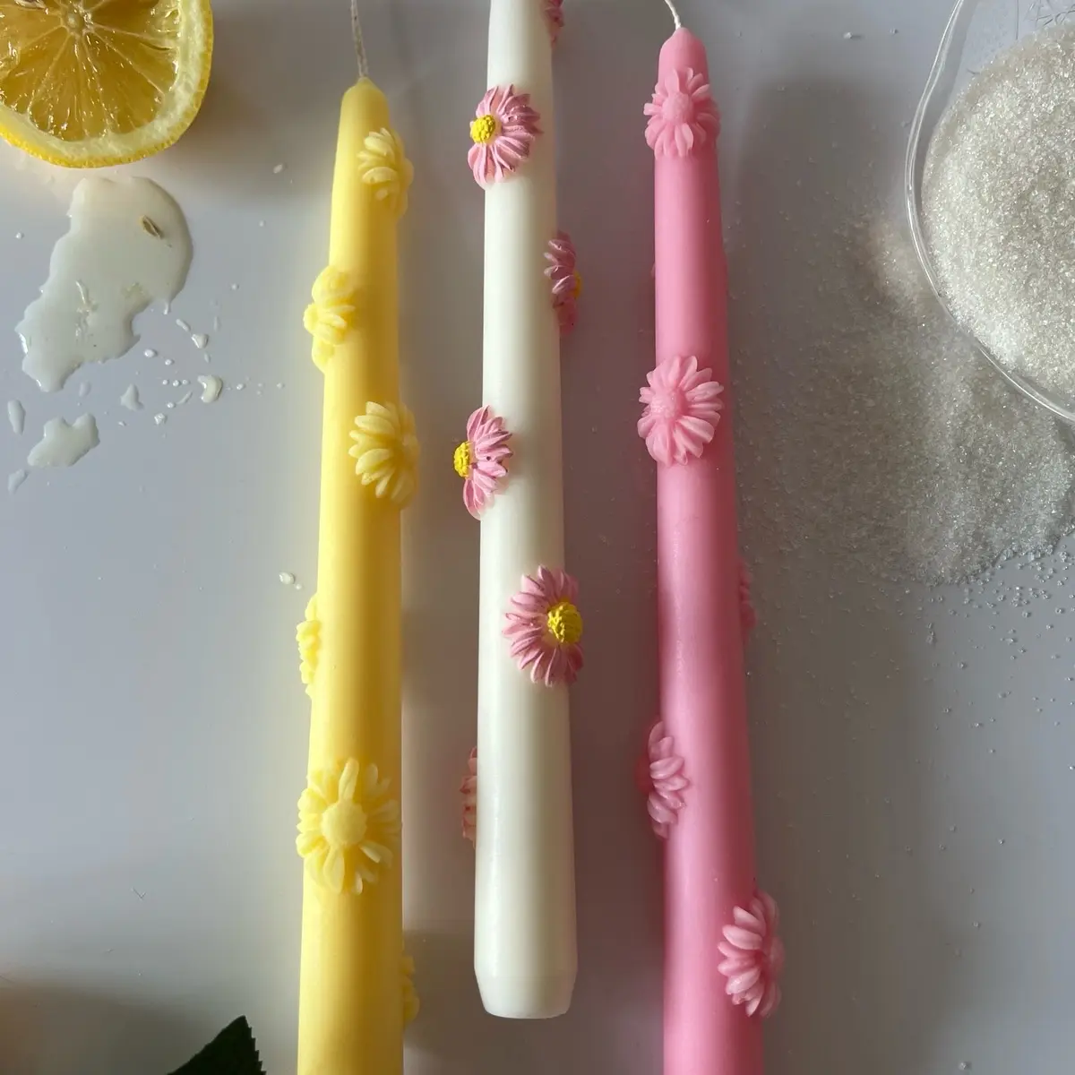Daisy Taper Candles, Flower Tapers, Unique, Lemon Chiffon Scented, Spring Candles, Pair of Tapers, Candlesticks, Natural Wax, Great Gift
