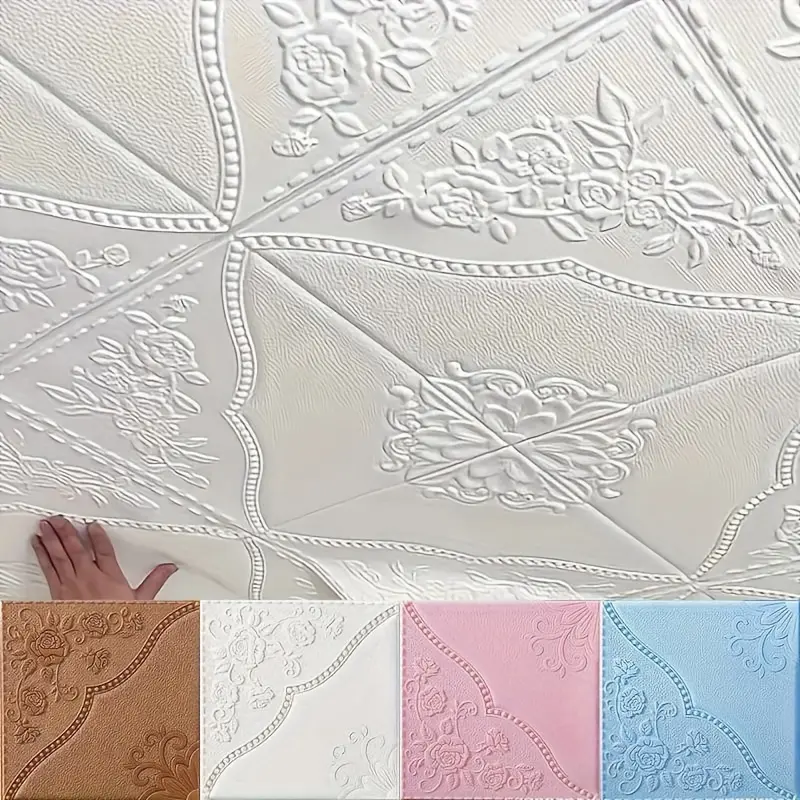 20pcs 3D Floral Pattern Wall Tile Stickers, Self-Adhesive Ceiling Tiles, Easy to Apply and Remove, Clean and Cut Freely, Kitchen Living Room Bathroom Corridor, Decorative Decoration, Home Decor