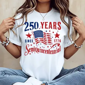 American Flag 250 Years Since 1776 Semi Quincentennial Print T-Shirt Crew Neck Casual Tee For Independence Day Celebration