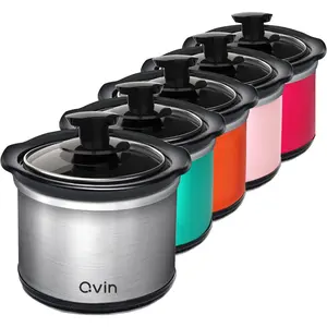0.65-qt mini Round Slow Cooker, Fondue Melting Pot Warmer with Diswasher-safe Stoneware Crock, Glass Lid, Stainless Steel and black