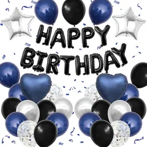 Navy Blue Black White Birthday Balloon Set with Banner for Men Women Boys Girls