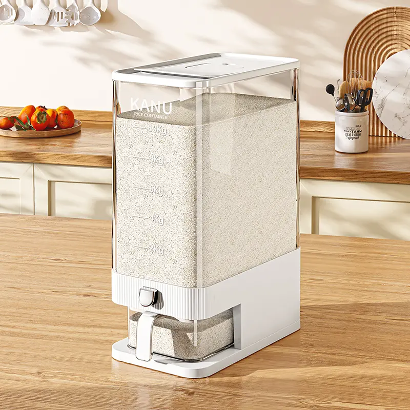 ABS Food Storage Box with Lid - Vertical Kitchen Countertop Rice Dispenser, Dustproof Grain Canister with Push Button & Pull-Out Measuring Cup for Rice, Beans, Oats, Cereal