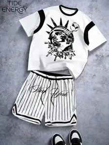 Men's Loose T-Shirt & Fine Stripe Shorts Set, Vintage Liberty Print with 'new York' Script, New York Street Style