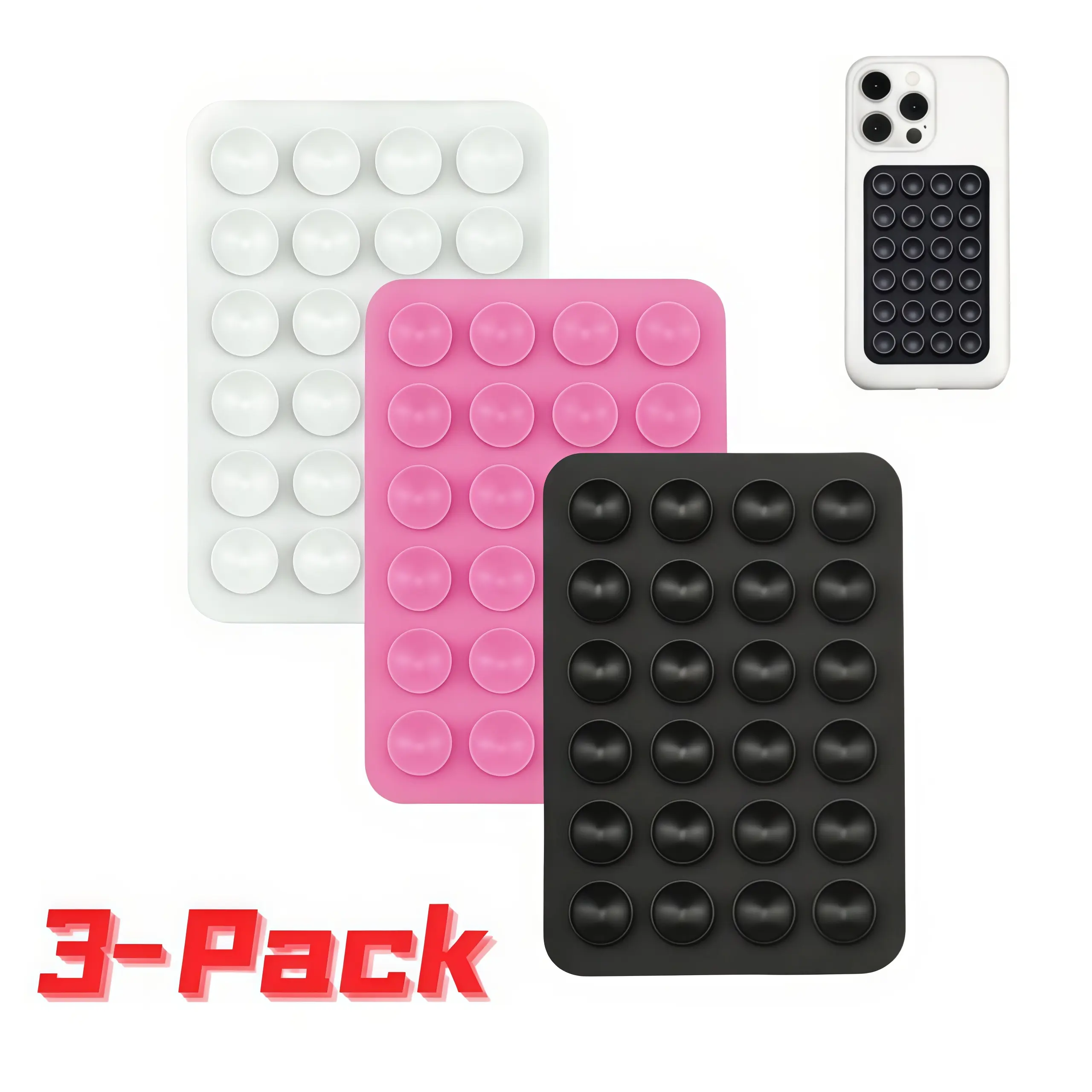 3-Pack Silicone Non Slip Cellphone Holder Grip Stand Mount - Vehicle Accessories, Strong Sticky Base, 24-Cup Stability, Hands-Free Use on Smooth Surfaces, Fits Most Mobile Devices (White,Pink,Black)