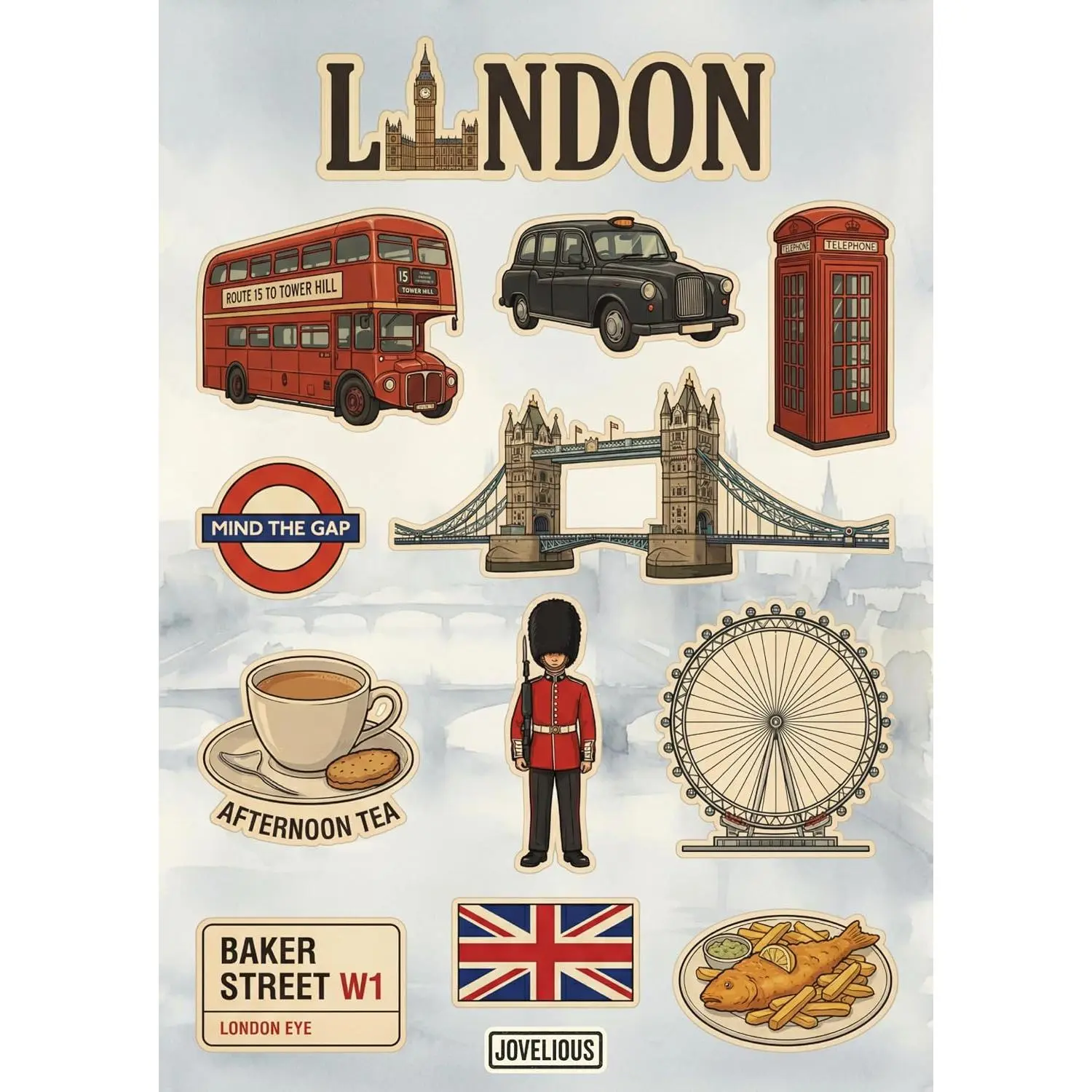 London Sticker Sheet, A5 Matte Vinyl Kiss Cut Stickers, Designed in Brooklyn, England UK