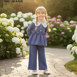 Elegant Girls Knit Two-Piece Set: Vintage Style Lace Peter Pan Collar Blouse & Wide Leg Pant Outfit. Cozy, Comfortable Fall Spring School Clothing for Toddler Big Little Girl Size 4T 5T 6T 7Y