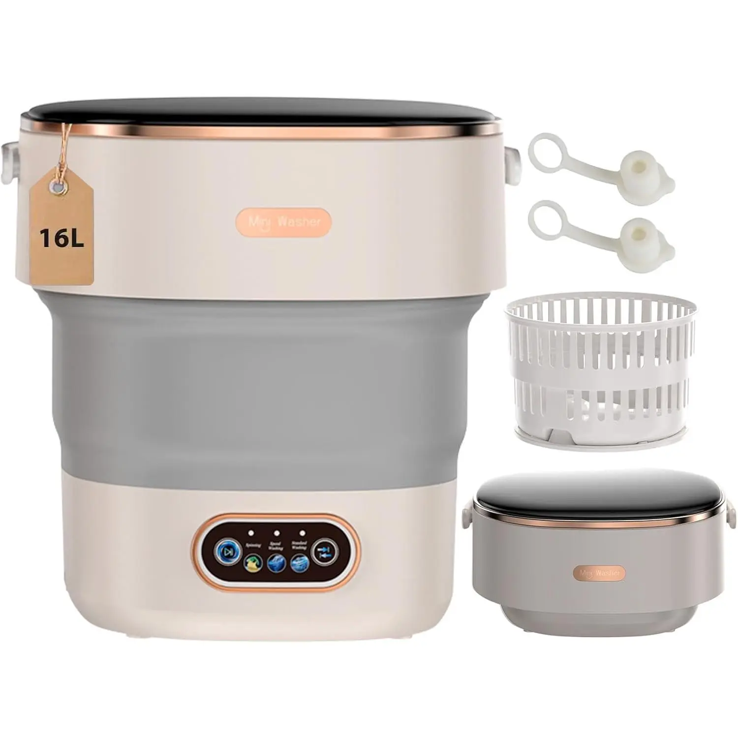 16L Compact Foldable Portable Washing Machine with Spin Basket, 3 Modes, Quiet Spin Wash Function for RV Travel, Camping (Gray)