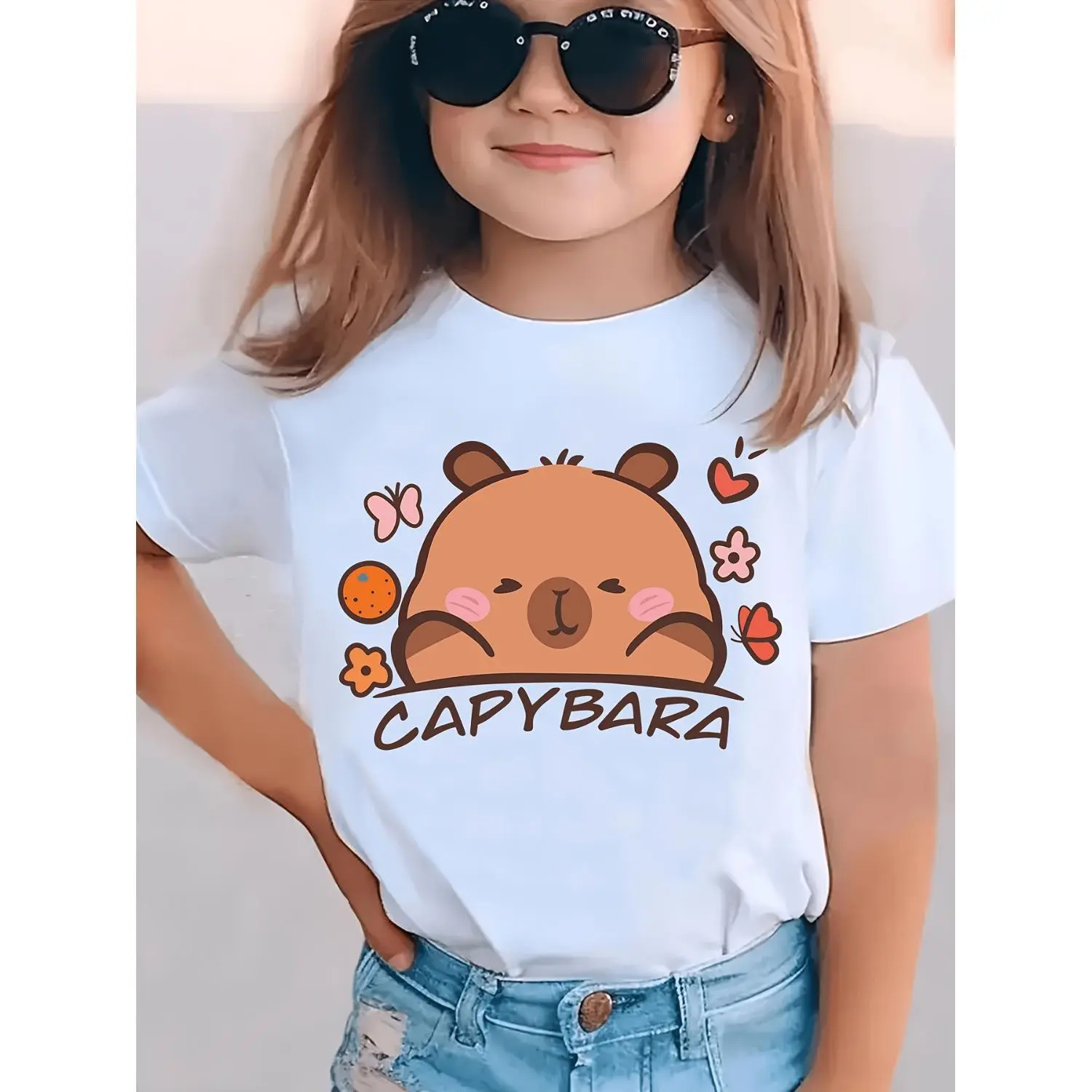 [Girls' Capybara T-Shirt] Summer Fashion Girls' Short Sleeve T-Shirt with CAPYBARA Cartoon Print, Casual Top
