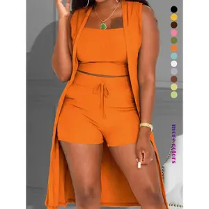 Three-Piece Set Women's Solid Ribbed Co-ord Set, Casual Crop Tank Top & Drawstring Waist Shorts & Vest Coat Set for Daily Wear, Summer Clothes, Women's Clothing