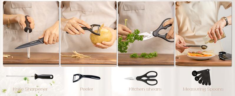 Astercook Kitchen Knife Set with Block, 17 PCS High Carbon Stainless Steel Sharp Serrated Steak Knives Set, Chef Knives, Bread Knife, knives  set