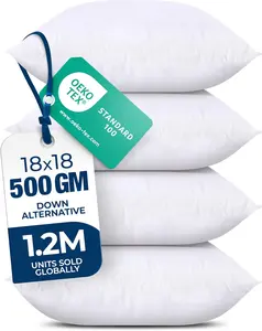 Bedding Throw Pillows (Set of 4, White) – 18 x 18 Inches Down Alternative Pillows for Bed, Sofa, and Couch