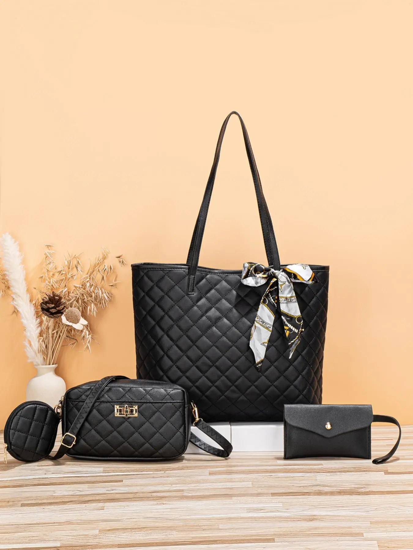 Silk Scarf Bow Decor Quilted Tote Bag Set, Large Quilted Pattern Shoulder Bag, Adjustable Shoulder Strap Messenger Square Wrist Bag and Mini Wallet