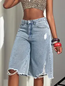 Women's Loose Denim Shorts, Casual Fashionable Shorts, Light Wash, Wide Leg Ripped Hem, Button, Perfect for Music Festivals, Concerts, Casual, Comfortable Fitted Style, Womenswear