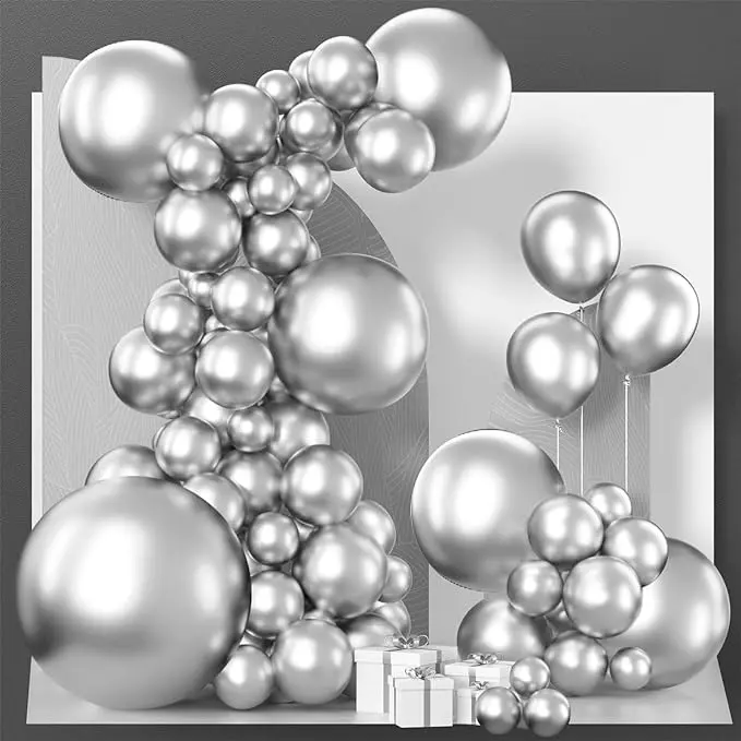 PartyWoo Silver Balloons 100 pcs Different Sizes of 36 18 12 10 5 Inch Silver Balloon Arch Kit Garland for Birthday Graduation Bachelorette Engagement Bridal Shower Party Decorations Silver-G102