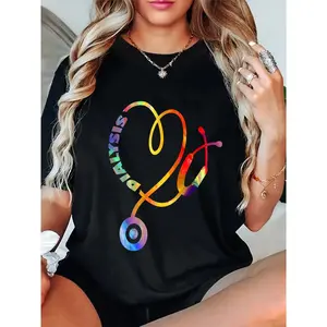 1pc Dialysis Technician Nurse Casual Crew Neck T-Shirt, 100% Cotton Knit Fabric with Alphabet Pattern, Breathable & Absorbent Medium Stretch Tee for All Seasons