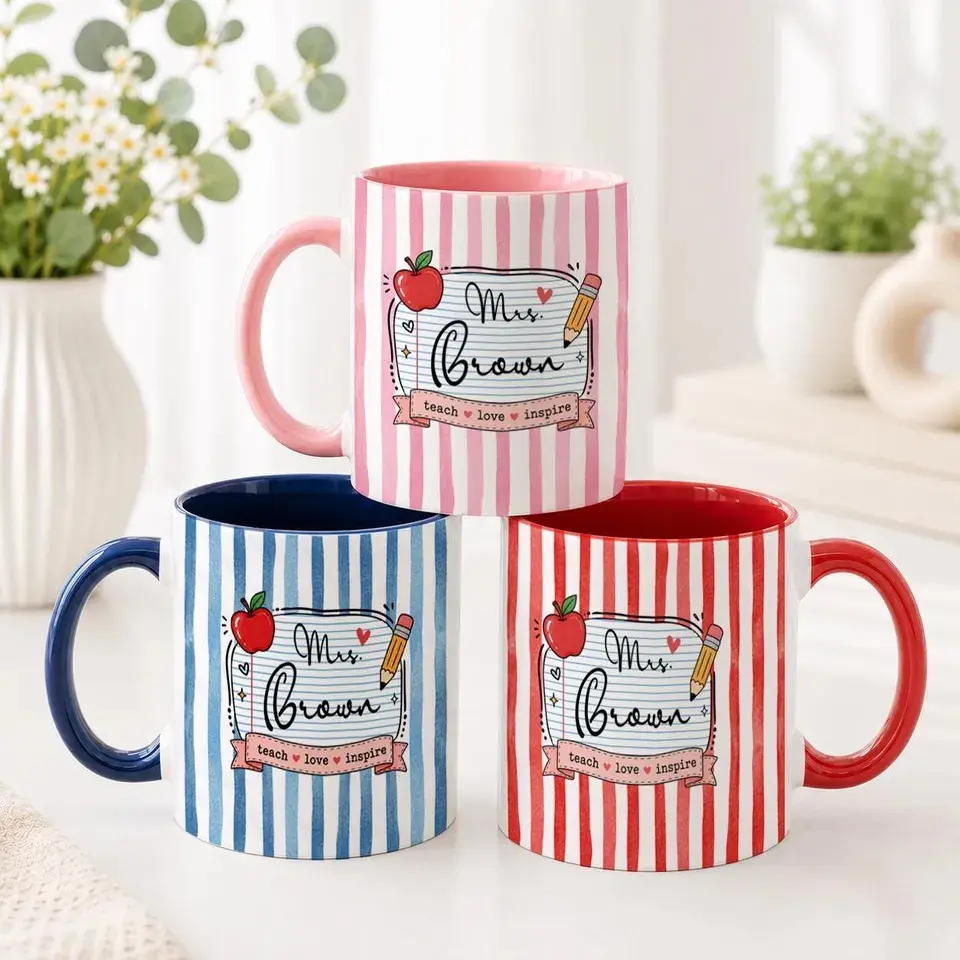 Personalized Teacher Mug with Name, Custom 11 oz Teacher Coffee Cup, Striped Apple Mug, Teacher Appreciation Gift, Back to School Gift