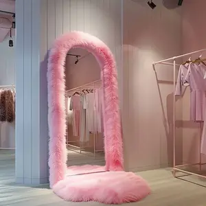 24"x63" Full Length Mirror Chic Pink Faux Fur Framed Leaning Hanging Wall Mirror Full Body Dressing Mirror for Cloakroom Bedroom Color: pink Size: 24 x 63 inches