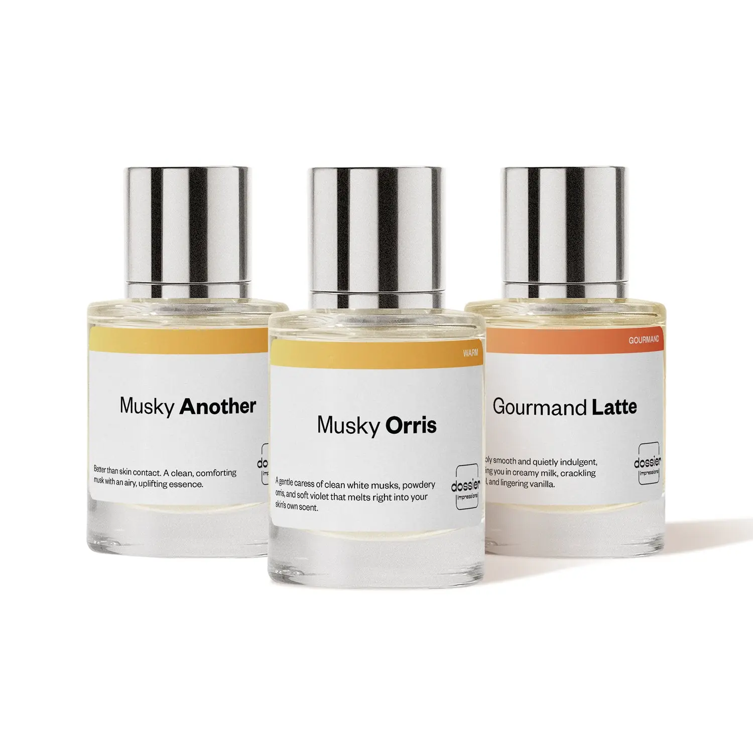 Back to School bundle, Dossier, 3 x 50ml, Unisex Perfume Bundle, Eau de Parfum, Gourmand Latte, Musky Another, Musky Orris