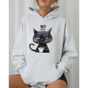 Not Today, Cat, Grumpy, Coffee, Funny, Meme Hooded Sweatshirt, Women's Crew Neck, Crewneck