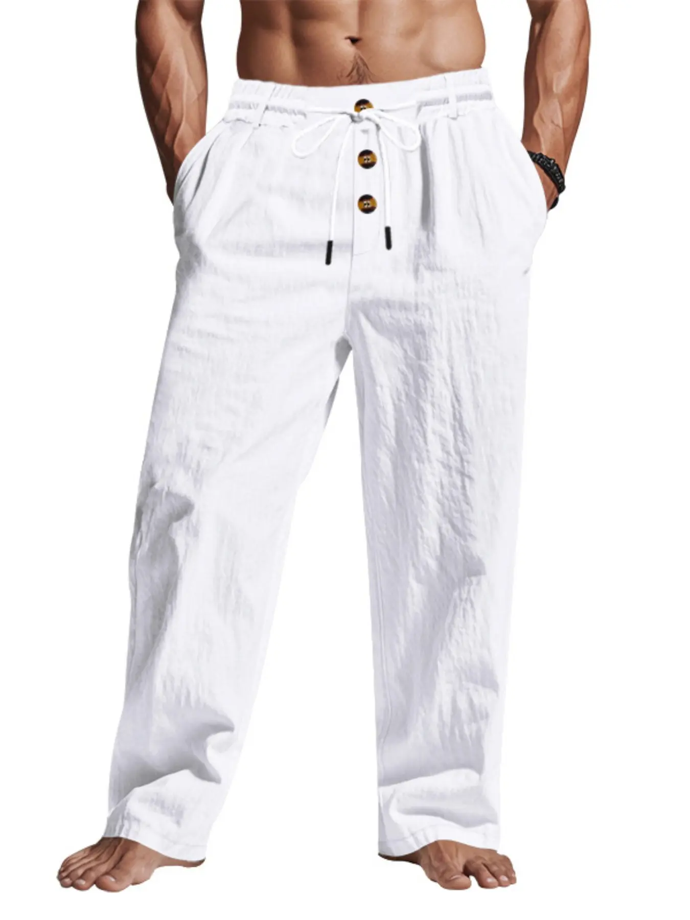 Men's Linen Long Pants, Breathable Casual Trousers, Plain Trouser, Lightweight Casual Design, Elastic Waistband, Casual Solid Drawstring, Perfect for Outdoor & Beach Use