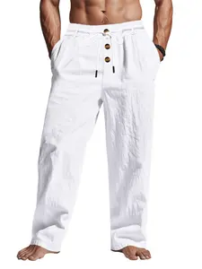 Men's Linen Long Pants, Breathable Lightweight Casual Design, Elastic Waistband, Casual Solid Drawstring, Perfect for Outdoor & Beach Use