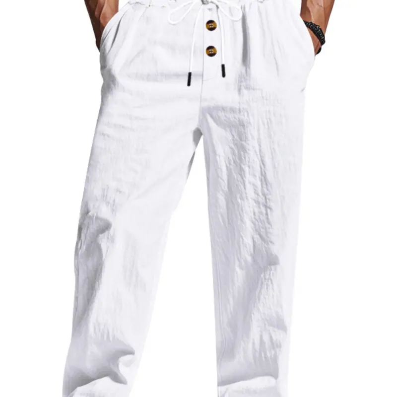 Men's Linen Long Pants, Breathable Casual Trousers, Lightweight Casual Design, Elastic Waistband, Casual Solid Drawstring, Perfect for Outdoor & Beach Use, Summer Bottoms