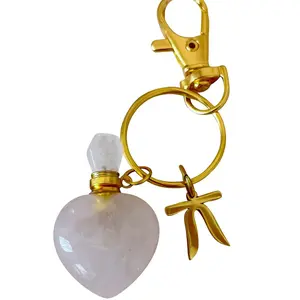 HappiMiss Perfume Bag Charm Heart-Shaped Rose Quartz Refillable with 1ml Eau de Parfum & 18K Gold-Plated Bow for Elegant Accessory