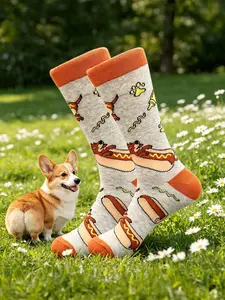 Hot Dog Sausage Dog Theme Mid-Calf Socks, Wacky Socks, Cartoon Fun Style, Breathable Sweat-Wicking, Cute Print, Unisex, Casual Wear