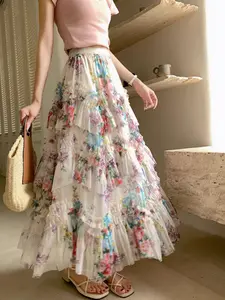 French Vintage Asymmetrical Ruffle Mesh Skirt, New A-Line Loose Lace Ditsy Floral Midi Skirt for Women, Casual & Party Wear, Ruffle Trim Skirt