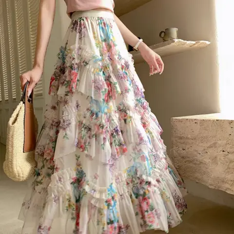 French Vintage Asymmetrical Ruffled Mesh Skirt, New Loose A-Line Ditsy Floral Long Skirt for Women, Casual & Party Wear, Ruffle Trim Skirt